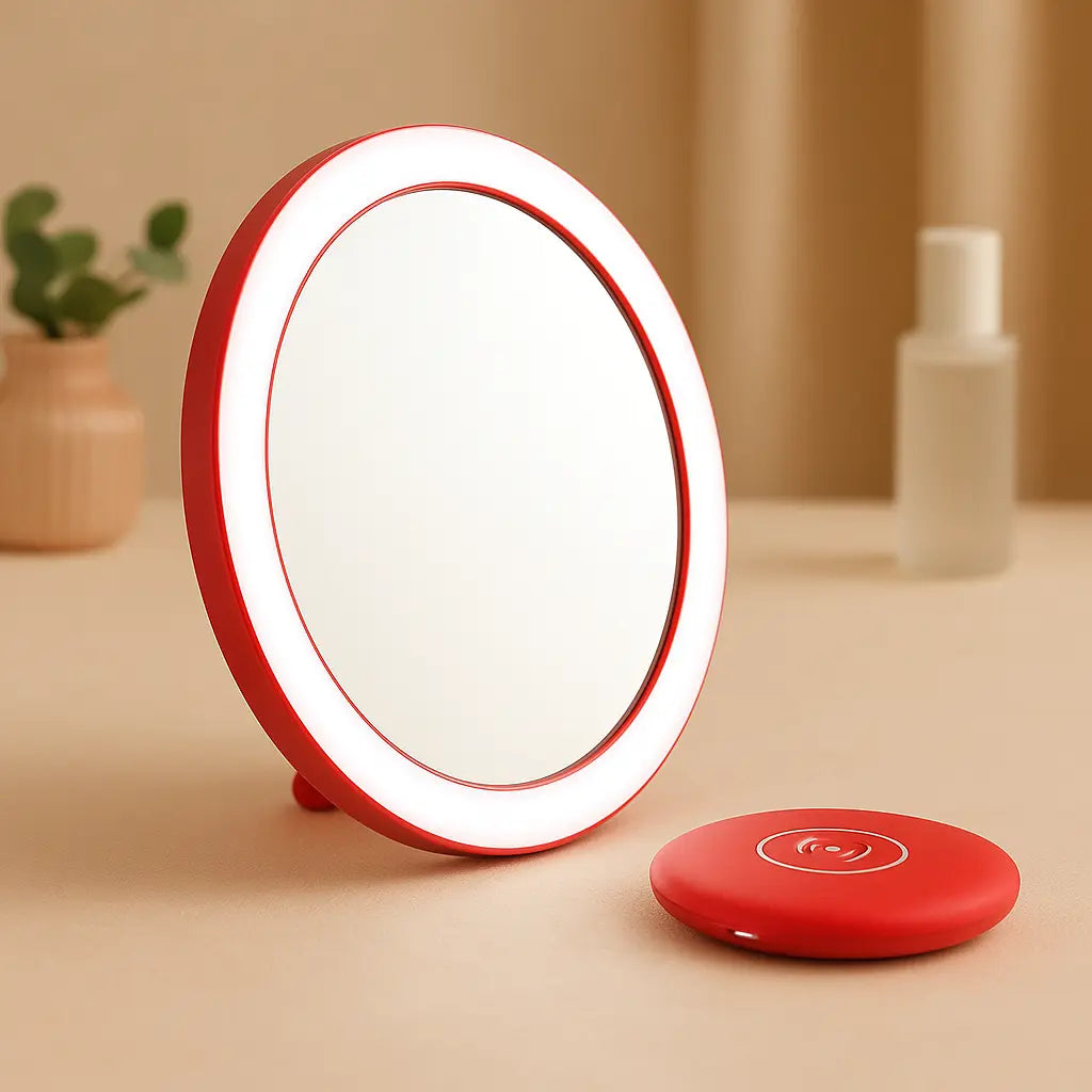 Miroir de maquillage LED portable posé sur une table avec support pliable