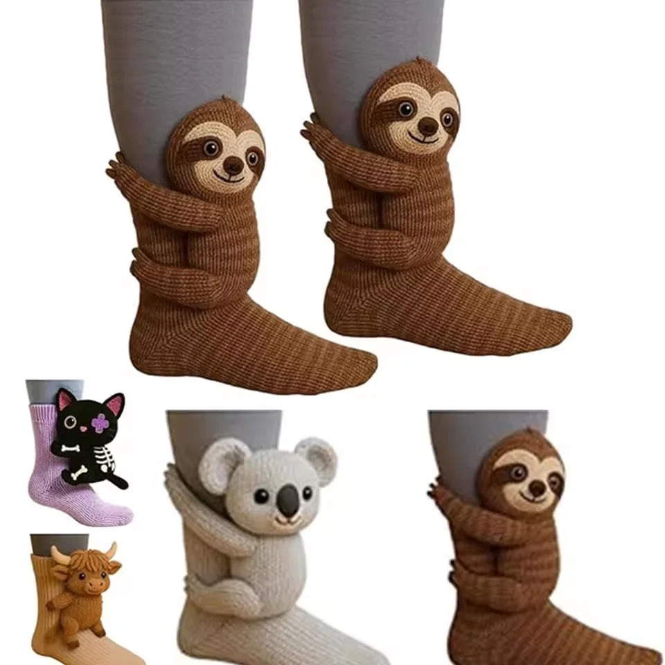 3D Cute Animals Hug Sock Knit Koala Sloth Cat Animal Socks Fall Winter Handmade Crocheted Warm Cozy Funny Socks Novelty Stocking