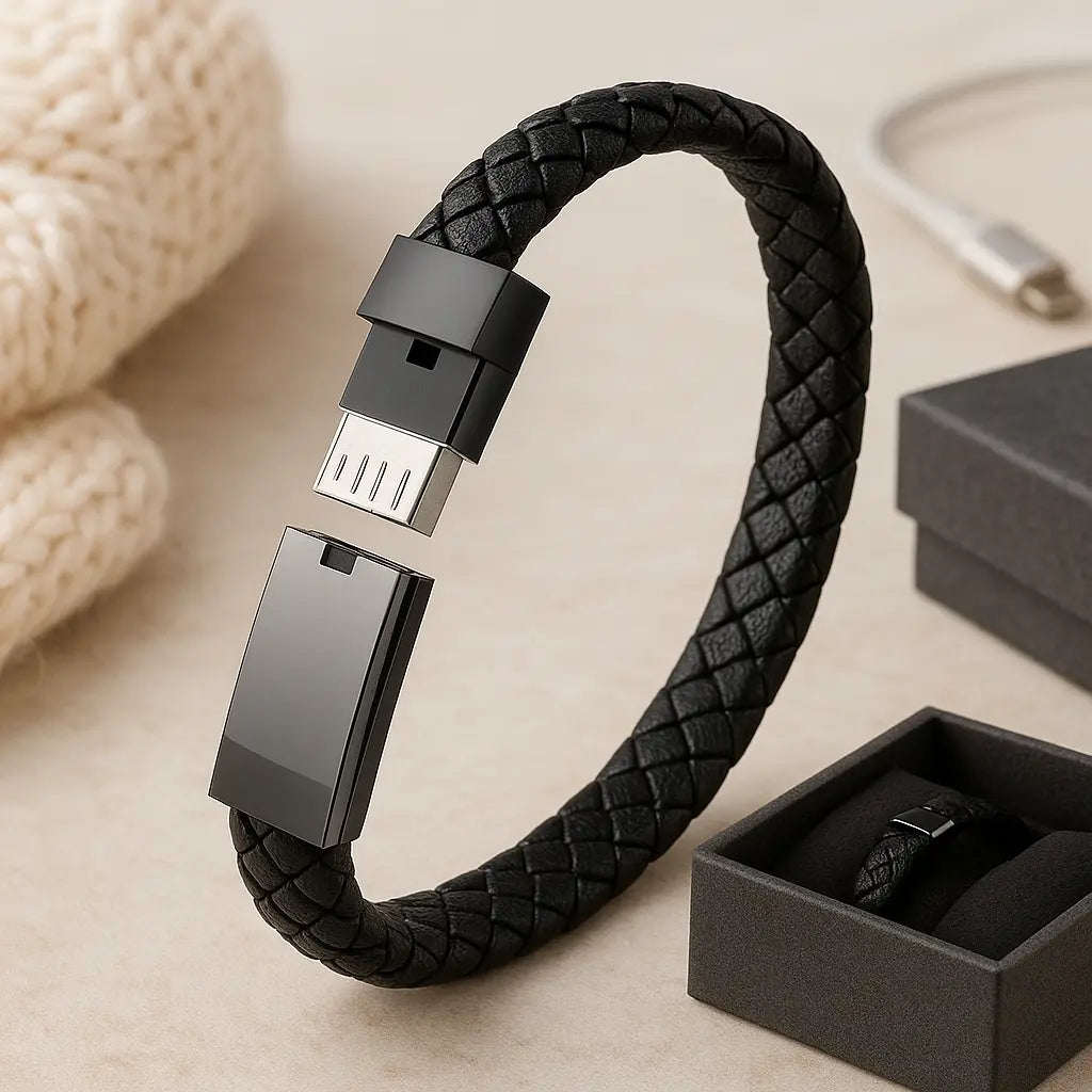 Bracelet chargeur USB avec connecteur Lightning, USB-C ou Micro-USB présenté en gros plan